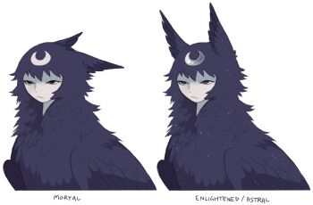 1girl black_eyes closed_mouth colored_skin commentary crescent crescent_facial_mark crescent_ornament english_commentary expressionless facial_mark feathers highres jejejunum nethermare original purple_feathers purple_hair purple_wings simple_background solo traditional_harpy upper_body whisper_(jejejunum) white_background white_skin wings