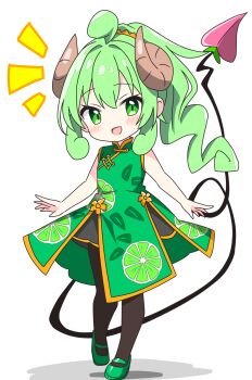 Rule 34 | 1girl, :d, ahoge, alternate costume, alternate hair color, bare arms, bare shoulders, black pantyhose, blush, brown horns, commentary request, curled horns, demon girl, demon tail, dot nose, dress, full body, green dress, green eyes, green hair, green shoes, highres, horns, kotatsu-mazoku, lilith (homunculus) (machikado mazoku), lilith (machikado mazoku), lime print, long hair, looking at viewer, machikado mazoku, notice lines, open mouth, pantyhose, print dress, shoes, sidelocks, simple background, sleeveless, sleeveless dress, smile, solo, standing, tail, white background