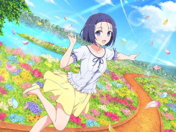 1girl :d blue_flower blue_petals blue_shirt blue_sky blush brick_road buttons cloud collarbone crossover day falling_petals field flower flower_field forest grass hair_ornament hairclip lake leaf looking_at_viewer meadow mountain mountainous_horizon nature official_alternate_costume official_art open_mouth outdoors parted_bangs path petals pink_petals plant pointing pointing_forward puffy_short_sleeves puffy_sleeves purple_eyes purple_flower purple_hair purple_petals red_flower red_petals road sairenji_haruna senran_kagura senran_kagura_new_link shirt shoes short_hair short_sleeves skirt sky smile solo sparkle standing standing_on_one_leg sunlight to_love-ru to_love-ru_darkness tree water white_flower yaegashi_nan yellow_flower yellow_petals yellow_shoes yellow_skirt