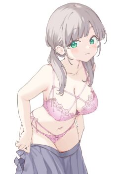 1girl bare_arms bare_shoulders bra breasts cleavage cowboy_shot green_eyes grey_hair grey_skirt hair_over_shoulder highres lace lace-trimmed_bra lace_trim large_breasts leaning_forward light_smile long_hair looking_at_viewer low_twintails maigoyaki multi-strapped_bra multi-strapped_panties navel no_shirt open_clothes open_skirt original panties pink_bra pink_panties side-tie_panties simple_background skirt solo stomach string_bra string_panties twintails underwear white_background