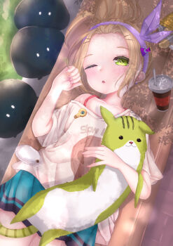 1girl ;o bench blonde_hair blue_skirt blush clothes_writing collarbone cup drink drinking_straw green_eyes hair_bun hair_ornament hairband hairclip heaven_burns_red hibica_ekaki holding looking_at_viewer lying miniskirt narby_(heaven_burns_red) off_shoulder on_back on_bench one_eye_closed ooshima_yotsuha parted_lips pink_hairband pleated_skirt purple_hairband shirt single_hair_bun skirt solo stuffed_animal stuffed_toy t-shirt white_shirt xiang_hua_hibica