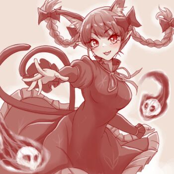 1girl :3 :d animal_ear_fluff animal_ears blush bow braid breasts cat_ears cat_girl cat_tail dress extra_ears frilled_dress frills hair_bow hitodama kaenbyou_rin long_hair long_sleeves looking_at_viewer lowres monochrome multiple_tails necoyngwie open_mouth pointy_ears side_braids smile solo tail touhou twin_braids two_tails