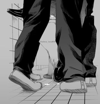 Rule 34 | 3boys, character request, commentary request, cum, cum on floor, futago to sensei, group sex, highres, implied sex, kakino tane0141, lower body, male focus, mmm threesome, multiple boys, pants, shoes, threesome, tiptoes, toilet, toilet stall, translation request, twitter username, yaoi