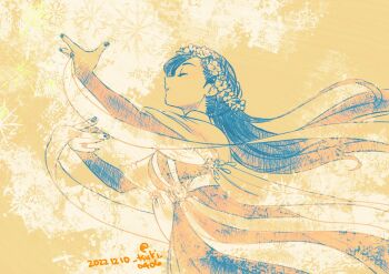 1girl braid breasts bridal_gauntlets closed_eyes commentary_request dated dress from_side head_wreath hitsuki_(hiidukii) honzuki_no_gekokujou large_breasts limited_palette long_dress long_hair myne_(honzuki_no_gekokujou) nail_polish solo twitter_username upper_body