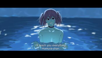 1girl avanes_d blurry blurry_background blush breasts chainsaw_man choker cleavage collarbone english_text highres i&#039;ll_teach_you_everything_(chainsaw_man) kaname_madoka looking_at_viewer mahou_shoujo_madoka_magica night nude partially_submerged pink_choker pink_hair purple_eyes short_hair small_breasts smile solo subtitled teeth twintails upper_body water