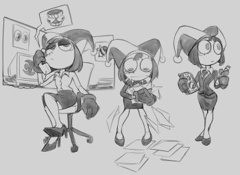 glitch_productions gloves gooseworx hat high_heels jester_cap office_lady pomni_(the_amazing_digital_circus) skirt the_amazing_digital_circus