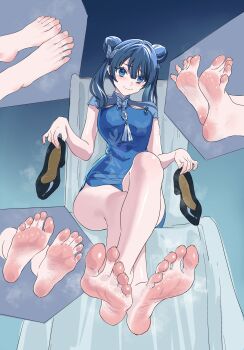 1girl barefoot blue_eyes blue_hair blush china_dress chinese_clothes double_bun dress feet hair_bun highres holding holding_shoes holding_unworn_clothes kuma7 link!_like!_love_live! long_hair looking_at_viewer love_live! murano_sayaka shoes sitting smile soles steam toes twintails unworn_shoes