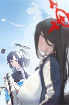 2girls black_hair black_halo black_shirt blue_archive blue_jacket breasts chinese_commentary clipboard commentary_request halo hasumi_(blue_archive) hasumi_(track)_(blue_archive) holding holding_clipboard huge_breasts jacket large_breasts long_sleeves multiple_girls official_alternate_costume official_alternate_hairstyle open_clothes open_jacket ponytail purple_eyes purple_hair red_halo shirt short_sleeves siguma_(13238772100) staring t-shirt white_shirt yuuka_(blue_archive) yuuka_(track)_(blue_archive)