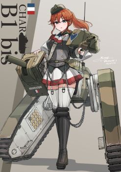Rule 34 | absurdres, blue eyes, char b1, commentary request, french flag, garter belt, grey thighhighs, hair between eyes, highres, humanization, long hair, mecha musume, military vehicle, motor vehicle, orange hair, original, personification, striped clothes, striped thighhighs, tank, teisei misagi, thighhighs, thighs, vertical-striped clothes, vertical-striped thighhighs