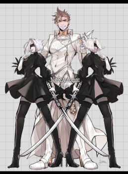 1boy 2b_(nier:automata) 2b_(nier:automata)_(cosplay) 2girls absurdres adam_(hazbin_hotel) blindfold boots brown_hair commander_(nier:automata) commander_(nier:automata)_(cosplay) cosplay covered_eyes crossover facial_hair goatee grey_hair hazbin_hotel hellaverse high_heel_boots high_heels highres juliet_sleeves long_sleeves lute_(hazbin_hotel) multiple_girls nier_(series) puffy_sleeves sigma117 thigh_boots thighhighs thighhighs_under_boots vaggie