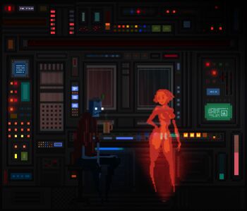 1boy 1girl animated animated_gif building chiaroscuro computer evening facial_hair flickering glowing glowing_eyes hologram indoors lowres mustache original pixel_art rain scenery science_fiction waneella