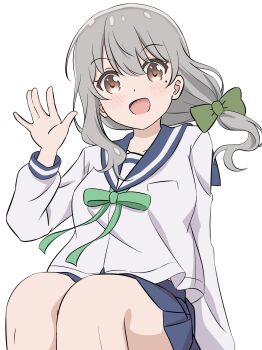 Rule 34 | 1girl, blue sailor collar, blush, bow, collarbone, dot nose, feet out of frame, female focus, green ribbon, grey hair, hair bow, knees, koisuru asteroid, long hair, long sleeves, looking at viewer, mole, mole under eye, morino mari, open mouth, qb (qb46311027), ribbon, sailor collar, school uniform, serafuku, shirt, simple background, skirt, solo, white background, white shirt