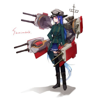 1girl alternate_eye_color bismarck_(kancolle) bismarck_(kancolle)_(cosplay) black_thighhighs blue_sky boots closed_mouth commentary_request cosplay gradient_hair green_jacket grey_boots grey_hat hat highres jacket kantai_collection long_hair long_sleeves military_uniform multicolored_hair myuu_(hellomagic) peaked_cap pleated_skirt red_eyes rigging samidare_(kancolle) ship_turret simple_background skirt sky solo standing thighhighs very_long_hair white_background