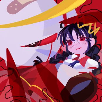 1girl bandaid black_hair braid commentary_request crown fairy fairy_wings glasses halo highres kirby_(series) kirby_64 long_hair low_twin_braids nintendo omame_sakana one-eyed red_background red_eyes ripple_star_queen sleeves_past_fingers sleeves_past_wrists tears twin_braids wings zero_two_(kirby)