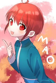 Rule 34 | 1boy, :d, ahoge, character name, commentary request, dot nose, highres, horingen, index finger raised, light blush, male focus, mandarin collar, mao (tales), open mouth, red eyes, red hair, short hair, smile, solo, tales of (series), tales of rebirth