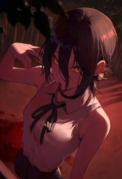 1girl black_hair black_ribbon blood chainsaw_man hair_between_eyes highres looking_at_viewer reze_(chainsaw_man) ribbon shirt sleeveless sleeveless_shirt solo suumon white_shirt yellow_eyes