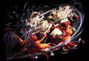 Rule 34 | 2girls, battle, black background, blonde hair, blue eyes, cape, ceaveage, collarbone, commentary request, dress, elbow gloves, gakuen idolmaster, gloves, hair ornament, hanazawa akira, high heels, highres, idolmaster, jewelry, juo sena, juo sena (sekirara), long hair, multiple girls, rapier, red dress, sword, wavy hair, weapon