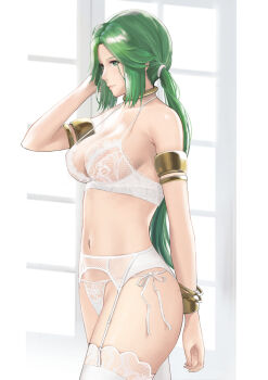 1girl arm_behind_head armlet bare_shoulders bra bracelet breasts choker cleavage closed_mouth commentary english_commentary female_focus garter_belt garter_straps green_eyes green_hair j@ck jewelry kid_icarus kid_icarus_uprising lace lace-trimmed_legwear lace_bra lace_trim large_breasts lingerie long_hair matching_hair/eyes navel nintendo palutena panties parted_bangs see-through_clothes side-tie_panties sideboob standing strap_gap thighhighs thighs twintails underwear very_long_hair white_bra white_panties white_thighhighs window