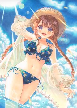 Rule 34 | 1girl, absurdres, arm at side, bikini, blue bikini, blue sky, blush, braid, braided twintails, breasts, brown hair, caustics, commentary request, cowboy shot, day, dutch angle, floral print, floral print bikini, frilled bikini, frills, front-tie bikini top, front-tie top, hand up, hat, highres, large breasts, lens flare, long hair, marker (medium), navel, open clothes, open mouth, open shirt, original, osumi izumi, outdoors, print bikini, purple eyes, see-through clothes, see-through shirt, shirt, side-tie bikini bottom, sky, smile, solo, stomach, straw hat, summer, sun, swimsuit, traditional media, twin braids, wading, water, white shirt