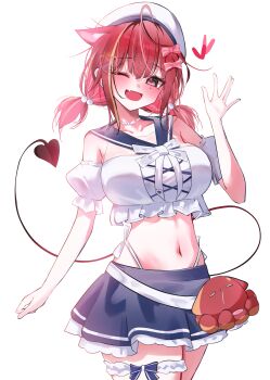 1girl :d absurdres akane_lize animal_ears arm_at_side blue_bow blue_sailor_collar blue_skirt blush bow breasts collarbone cowboy_shot crop_top cropped_shirt demon_tail detached_sleeves fang frilled_shirt frills grey_eyes hair_between_eyes hair_bow hand_up hat heart highleg highleg_panties highres jewelry large_breasts looking_at_viewer low_twintails medium_hair midriff miniskirt mole mole_under_eye multicolored_hair navel necklace one_eye_closed open_mouth panties panty_straps pienna_(akane_lize) pink_bow puffy_short_sleeves puffy_sleeves red_hair sailor_collar sailor_hat shirt short_sleeves short_twintails side-tie_panties sidelocks simple_background skin_fang skirt smile solo standing stellive streaked_hair tail tail_raised thigh_strap twintails underwear wavy_hair white_background white_bow white_hat white_shirt white_sleeves yellow_streaks yeomhwauranyum