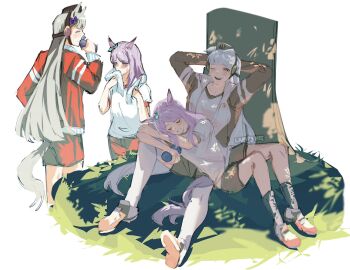 2girls animal_ears aqua_bow blunt_bangs blush bottle bow breasts brown_hat closed_eyes ear_bow ear_ornament gold_ship_(umamusume) grass grey_hair gym_shirt hat highres holding holding_bottle horse_ears horse_girl horse_tail jacket lampy_uikoko long_hair long_sleeves lying_on_lap mejiro_mcqueen_(umamusume) multiple_girls one_eye_closed open_clothes open_jacket open_mouth pillbox_hat purple_bow purple_eyes purple_hair red_jacket red_shorts shade shirt shoes short_sleeves shorts smile socks sweat tail teeth towel towel_around_neck tracen_training_uniform track_jacket training tree umamusume under_tree water_bottle white_shirt white_socks