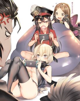 1boy 3girls ahoge alternate_costume ass black_bow black_hair black_legwear black_scarf blush bow breasts brown_eyes brown_hair chacha_(fate) commentary_request convenient_censoring crest family_crest fate/grand_order fate_(series) hair_bow hat hijikata_toshizou_(fate) japanese_clothes kimono koha-ace long_hair looking_at_another lying medium_breasts military_hat multiple_girls oda_nobunaga_(fate) oda_nobunaga_(koha-ace) okita_souji_(fate) okita_souji_(koha-ace) on_back open_mouth out_of_frame peaked_cap red_eyes red_skirt scarf short_hair short_kimono sitting skirt sleeveless sleeveless_kimono switch teddypocky thighhighs thighs translation_request white_kimono