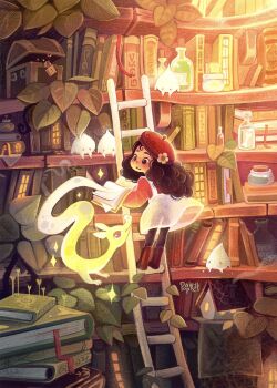 1girl artist_name beret birdhouse black_hair black_pants blush bone book book_stack bookshelf boots commentary corked_bottle daisy_(flower) dragon dress eastern_dragon english_commentary fantasy flower hat hat_flower highres holding holding_book ivy jar library lock long_hair looking_at_animal magic on_ladder open_book original padlock pants poopikat red_boots red_hat red_shirt see-through_clothes see-through_dress shirt slime_(creature) smoke solo sparkle teeth treasure_chest upper_teeth_only white_dress