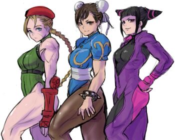 3girls 6maker ass beret black_hair blonde_hair blue_dress blue_eyes bracelet braid braided_ponytail breasts brown_hair bun_cover cammy_white capcom catsuit china_dress chinese_clothes chun-li double_bun dress eyeshadow fingerless_gloves gloves green_leotard hair_bun hair_horns han_juri hat jewelry leotard lineup makeup multiple_girls pantyhose pink_eyes spiked_bracelet spikes strap street_fighter tight_clothes
