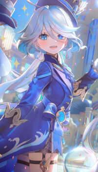 1girl aengdohwa blue_eyes blue_hat blue_jacket blush coattails cowboy_shot day drop-shaped_pupils from_side furina_(genshin_impact) genshin_impact gloves grey_hair hat heterochromia highres jacket long_hair looking_at_viewer open_mouth outdoors shorts solo symbol-shaped_pupils teeth thigh_strap top_hat turning_head upper_teeth_only wavy_hair white_gloves white_shorts