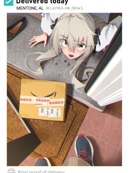 1girl 1other absurdres amazon_(company) black_ribbon black_shoes box cardboard_box censored commentary door english_commentary english_text feet from_above green_hair grey_hair hair_between_eyes hair_ribbon highres implied_sex kasugano_sora khyle. long_hair looking_at_viewer looking_up lower_teeth_only mosaic_censoring open_door open_mouth pov pov_legs ribbon scene_reference shoes sneakers standing sweat teeth tile_floor tiles unworn_shoes yosuga_no_sora