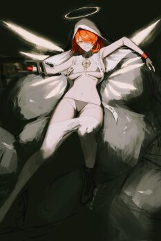 arknights bikini black_bikini detached_wings exusiai_(arknights) exusiai_the_new_covenant_(arknights) hair_over_one_eye halo highres hood hood_up looking_at_viewer lying nate71762013 on_back red_hair smile swimsuit trash_bag wings