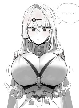 ... 1girl azz0422 breasts cleavage closed_mouth commentary english_commentary expressionless greyscale hair_ornament hairclip huge_breasts long_hair looking_down monochrome simple_background solo speech_bubble spoken_ellipsis upper_body very_long_hair white_background yixuan_(zenless_zone_zero) zenless_zone_zero