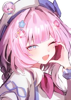 1girl ;o absurdres beret blue_eyes cyrene_(aedes_elysiae)_(honkai:_star_rail) cyrene_(honkai:_star_rail) dress hair_ornament half-heart_hands hashtag-only_commentary hat heart heart_hair_ornament highres honkai:_star_rail honkai_(series) looking_at_viewer neneneneko official_alternate_costume one_eye_closed pink_hair reference_inset short_hair simple_background solo upper_body white_background white_dress