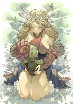 1girl bare_shoulders blonde_hair breasts bridal_gauntlets criss-cross_halter detached_sleeves closed_eyes flower hair_flower hair_ornament hair_tubes halterneck halterneck highres imu_(lom) kneeling large_breasts legend_of_mana lil&#039;_cactus long_hair medium_breasts poch4n seiken_densetsu solo