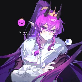 Rule 34 | 1boy, absurdres, androgynous, animification, artist request, ascot, bishounen, black background, black horns, brooch, cape, chinese commentary, chinese text, commentary request, commission, commissioner name, crossed arms, crown, eyeball, fur-trimmed cape, fur trim, gem, hair between eyes, high ponytail, highres, horns, humanization, jewelry, long hair, long sleeves, looking at viewer, male focus, minecraft youtube, pointy ears, ponytail, purple cape, purple eyes, purple gem, purple hair, second-party source, shirt, sidelocks, solo, translation request, unstable universe, upper body, very long hair, wemmbu, white ascot, white shirt