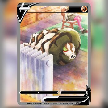 1girl animal_focus belt black_belt black_gloves black_shoes bracelet card_(medium) chair closed_eyes closed_mouth commentary company_name copyright_name copyright_notice english_commentary fangs fingerless_gloves gen_8_pokemon gloves grey_skirt head_out_of_frame indoors jewelry narumi_sato navel nintendo nostrils official_art pantyhose pink_pantyhose pokemon pokemon_(creature) pokemon_card pokemon_focus pokemon_swsh pokemon_tcg radiator rug sandaconda shoes sitting skin_fangs skirt sleeping solo_focus spiked_bracelet spikes team_yell_grunt textless_version third-party_source torn_clothes torn_pantyhose torn_skirt trading_card wooden_chair wooden_floor