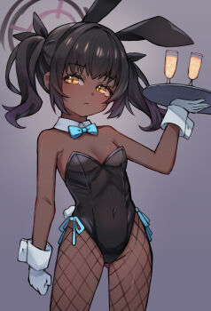 1girl aged_down alternate_breast_size_(smaller) alternate_hairstyle animal_ear_hairband animal_ears black_hair black_leotard black_pantyhose black_ribbon blue_archive blue_bow blue_bowtie blush bow bowtie breasts champagne_flute closed_mouth commentary cup dark-skinned_female dark_skin detached_collar drinking_glass fake_animal_ears fake_tail fishnet_pantyhose fishnets gloves gradient_hair grey_background hair_ribbon hairband halo highleg highleg_leotard highres holding holding_tray karin_(blue_archive) karin_(bunny)_(blue_archive) leotard looking_at_viewer miya_(miyaruta) multicolored_hair official_alternate_costume pantyhose playboy_bunny purple_hair purple_halo rabbit_ear_hairband rabbit_ears rabbit_tail ribbon side-tie_leotard simple_background small_breasts solo strapless strapless_leotard tail tray twintails white_gloves white_wrist_cuffs wrist_cuffs yellow_eyes