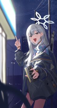 1girl absurdres bare_legs blue_archive blue_necktie commentary drink grey_eyes grey_hair gun halo herakuchi highres holding holding_drink jacket konoka_(blue_archive) long_hair looking_at_viewer looking_back mask mask_pull mouth_mask multicolored_hair necktie night off_shoulder open_mouth polo_shirt pump_action remington_870 shotgun sidelocks smile solo standing two-tone_hair urban weapon white_hair white_halo white_mask