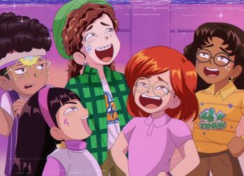 1990s_(style) 1boy 4girls abby_(turning_red) animification black_hair brenni_murasaki brown_eyes brown_hair clip_studio_paint_(medium) disney glasses meilin_lee meilin_lee_(red_panda) miriam_(turning_red) multiple_girls open_mouth pants pixar priya_(turning_red) retro_artstyle shirt smile turning_red tyler_(turning_red)