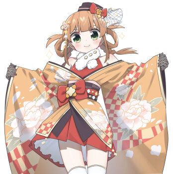 1girl absurdres blush bow bowtie braid commentary_request fur-trimmed_kimono fur_trim green_eyes hair_ornament hat highres hime_cut japanese_clothes kimono mosa_purim orange_hair princess_connect! red_bow red_bowtie rino_(new_year)_(princess_connect!) rino_(princess_connect!) short_hair skirt smile thighhighs white_background white_thighhighs wide_sleeves