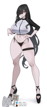 1girl absurdres ankle_strap bare_legs bikini bikini_bottom_only black_bikini black_hair black_sandals black_shirt breasts commentary dated_commentary fanbox_username fingernails full_body gumroad_username hair_over_one_eye hand_on_own_hip high_ponytail highres huge_breasts legs long_bangs long_hair looking_at_viewer mimyo navel one_eye_covered original parted_lips patreon_username pink_nails platform_sandals ponytail qr_code raglan_sleeves rash_guard sandals shiny_skin shirt side-tie_bikini_bottom sidelocks simple_background solo standing stomach string_bikini swimsuit thigh_strap thighs three-quarter_sleeves two-tone_shirt very_long_hair white_background white_shirt
