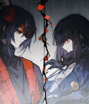 1boy 1girl bandage_over_one_eye black_eyes black_gloves black_hair black_hanfu black_scarf black_shirt blunt_bangs branch chinese_clothes chinese_commentary closed_mouth coat facing_another flower from_side gloves hanfu highres hong_lu_(project_moon) hongyuan_(identity)_(project_moon) limbus_company project_moon red_bandage red_eyes red_flower ryoshu_(project_moon) scarf shirt sidelocks smile split_screen stole turtleneck turtleneck_shirt upper_body xiao_guan_(headdress) yuemiao