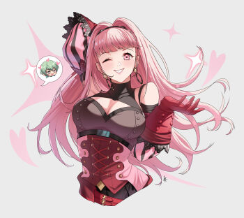 1boy 1girl arm_behind_head black_corset blush breasts cleavage commission corset cropped_torso detached_sleeves dress earrings fire_emblem fire_emblem:_three_houses gloves green_eyes green_hair grin heart heart-shaped_pupils highres hilda_valentine_goneril hilda_valentine_goneril_(timeskip) hoop_earrings jewelry large_breasts long_hair looking_at_viewer male_byleth_(awakened)_(fire_emblem) male_byleth_(fire_emblem) nintendo one_eye_closed open_mouth pink_dress pink_eyes pink_hair ponytail red_gloves short_hair simple_background smile solo_focus symbol-shaped_pupils vgen_commission zedoraart