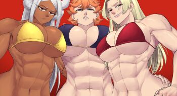 Rule 34 | 3girls, abs, absurdres, bikini, black clover, blonde hair, boku no hero academia, breasts, crossover, curvy, dark-skinned female, dark skin, female focus, femdom, from below, highres, huge breasts, jujutsu kaisen, limn044, long hair, looking at viewer, looking down, mereoleona vermillion, mirko, multiple girls, muscular, muscular female, shonen jump, shueisha, simple background, swimsuit, tsukumo yuki (jujutsu kaisen), upper body, white hair