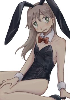 1girl absurdres animal_ear_hairband animal_ears bow bowtie brown_hair crying crying_with_eyes_open detached_collar fake_animal_ears fang flat_chest green_eyes hairband high_heels highres leotard long_hair open_mouth original playboy_bunny rabbit_ear_hairband rabbit_ears sionsakana sitting solo strapless strapless_leotard tears wariza wrist_cuffs