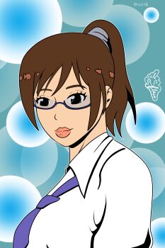 1girl absurdres android breasts glasses highres holon large_breasts lips lipstick makeup necktie non-web_source office_lady plump ponytail real_drive secretary solo upper_body