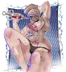 Rule 34 | 1girl, artist request, ass, black panties, blood, blood on clothes, blood on face, breasts, bubble head nurse, cameltoe, cleavage, faceless, faceless female, gloves, hat, highres, large breasts, legs apart, monster girl, nurse, nurse (silent hill), nurse cap, open clothes, panties, shiny skin, silent hill, silent hill (series), silent hill 2, simple background, solo, underwear, white gloves