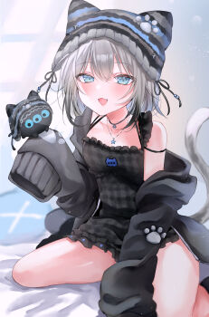 Rule 34 | 1girl, absurdres, animal ears, animal hat, bare legs, bare shoulders, beanie, black dress, black hoodie, black ribbon, black streaks, blue eyes, blush, breasts, cat ears, cat girl, cat hat, collarbone, commentary request, dot nose, dress, fang, frilled dress, frills, grey hair, hat, hennyano (nachoneko), highres, hood, hood down, hoodie, indie virtual youtuber, jewelry, legs, long sleeves, looking at viewer, meimocox, multicolored hair, nachoneko, necklace, off shoulder, open clothes, open hoodie, open mouth, oversized clothes, paw print, plaid clothes, plaid dress, ribbon, seiza, short hair, sidelocks, single bare shoulder, single off shoulder, sitting, sleeves past fingers, sleeves past wrists, small breasts, smile, solo, star (symbol), star necklace, strap slip, streaked hair, tail, thighs, tongue, virtual youtuber