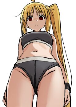 1girl absurdres bare_shoulders belly blank_stare blonde_hair bocchi_the_rock! closed_mouth crop_top empty_eyes expressionless highres ijichi_nijika long_hair looking_at_viewer navel no_pants riokasen sleeveless solo sportswear white_background wristband