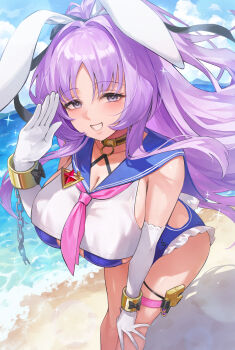 1girl animal_ears arm_up beach black_ribbon blue_one-piece_swimsuit blue_sailor_collar blush bow_hairband bracelet breasts choker cleavage cloud cloudy_sky commentary_request crop_top crop_top_overhang elbow_gloves endou_touya frilled_one-piece_swimsuit frills gloves gold_bracelet grey_eyes grin hairband hand_on_own_knee high_ponytail highres jewelry large_breasts leaning_forward long_hair looking_at_viewer neckerchief o-ring o-ring_choker one-piece_swimsuit outdoors parted_lips pink_neckerchief playboy_bunny_swimsuit ponytail purple_hair rabbit_ears rabbit_girl rabbit_tail ribbon sailor_collar shia_(stella_sora) shirt sky smile solo standing stella_sora swimsuit tail thigh_strap very_long_hair white_gloves white_shirt white_tail
